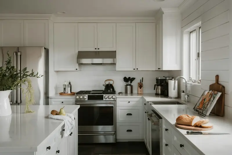 Clean, bright kitchen with white cabinets