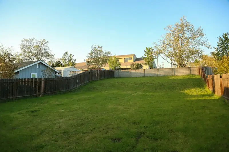 Fenced backyard with a green lawn